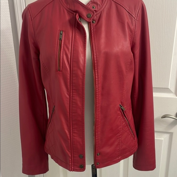 Women's Brick Red Faux Leather Jacket Fitted Pockets Front Zipper Size S - Picture 3 of 16